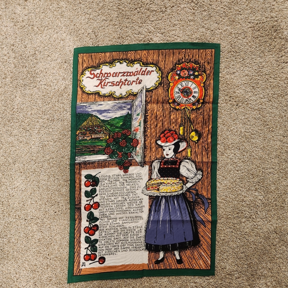 German Tea Towel or Wall Hanging With Black Forest Cherry Cake